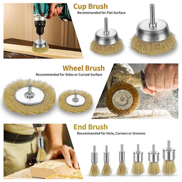 Stålbørste for drill, 1/4in drillfeste, 3in messing stålbørste for drill rustfjerning kraftig stålbørste drillbit