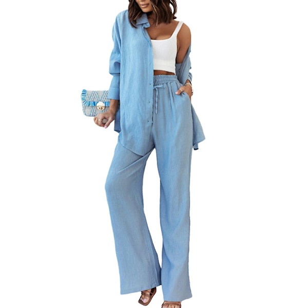 Lös Dam Enfärgad Outfit Skjorta Toppar + Elastisk Hög Midja Vida Ben Byxor Set Lös Vardaglig Arbete Lounge Kläder Sky Blue L