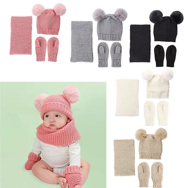 Barn Mössa Halsduk Vantar Set Pom Pom Varm Vinter Stickad Mössa Vantar Gray