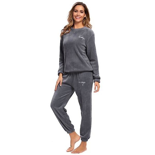 Varma vinterpyjamasar plus fleecetröja och byxor, mjuk pyjamas med rund hals Grey L