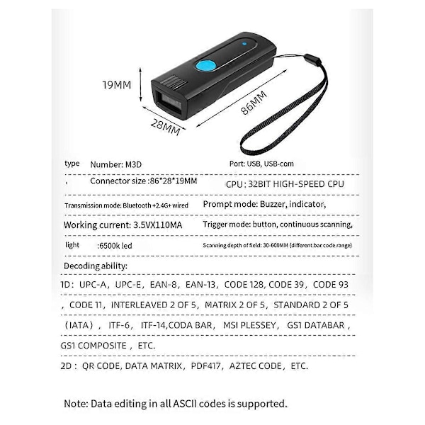 Mini Fickstreckkodsläsare Trådlös Bluetooth Direktuppladdning eller Lagringsläge för IOS Android System