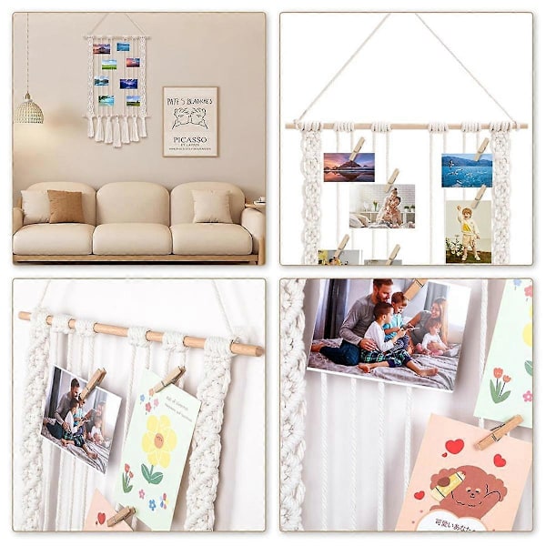 Hängande Fotodisplay med 30 Träklämmor Makramé Väggbonad Bildhållare Collage Fotoram för Boho Dekor