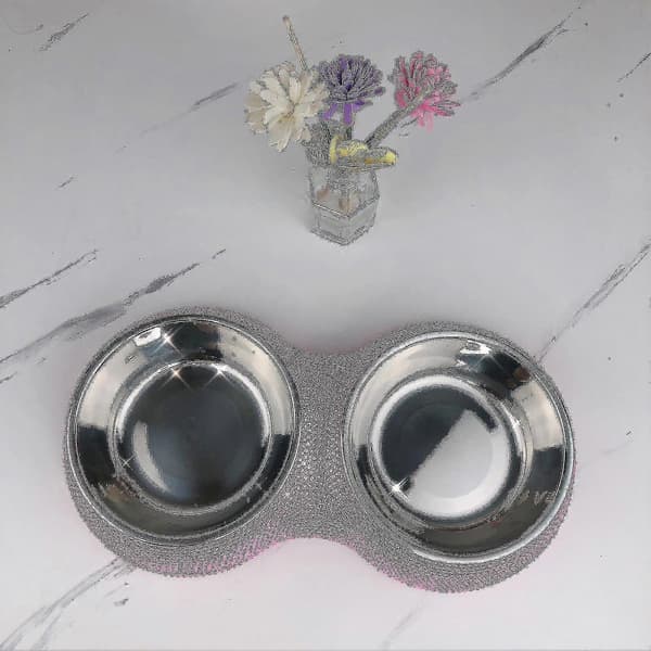 Rhinestone Hundeskåle Rustfrit Stål Dobbelt Foder Pet Til Hvalpe Pink