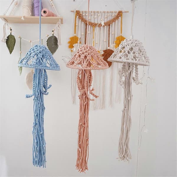 Boho Macrame Drømmefanger Håndlavet Vævet Ornament med Lys Jellyfish Drømmefanger til Hængende Dekoration C