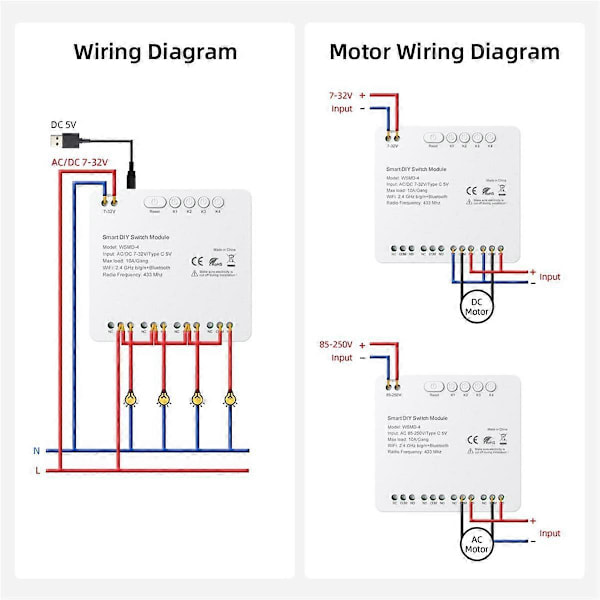 Tuya WiFi 4-kanals brytermodul, 85-250V RF 433 fjernkontrollrelé DIY-modul, med Alexa, Home