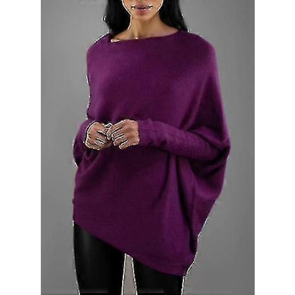 Asymmetrisk drapert genser, en genser så myk som skyene, dame langermet slouch batwing ensfarget myk strikket genser Purple