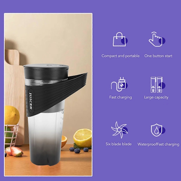 Portabel Blender Vattentät USB Uppladdningsbar Elektrisk Fruktmixer Shake Blender för Hem Utomhus Svart