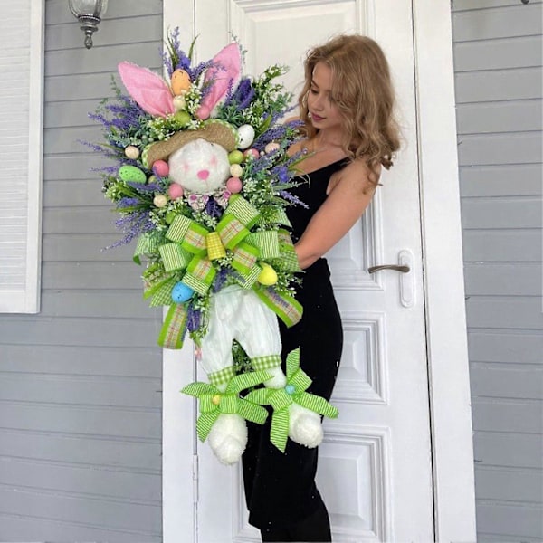 Påskhare Krans Vårsäsong Ytterdörr Hängande Dekoration Konstgjord Blomma Kaninkrans med Rosett för Väggfönsterdekor