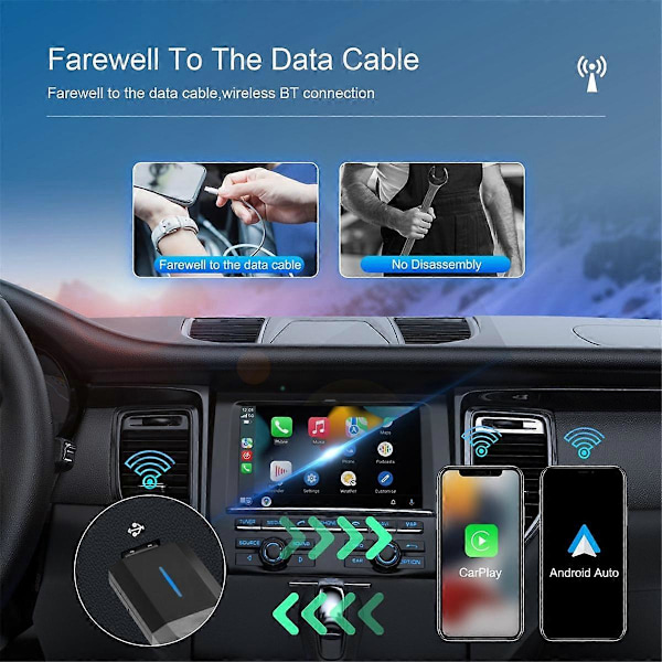 2 i 1 Trådløs CarPlay Adapter Android Auto Trådløs Adapter, Bil-dongle Konverterer Kablet til Trådløs, Type-C/USB