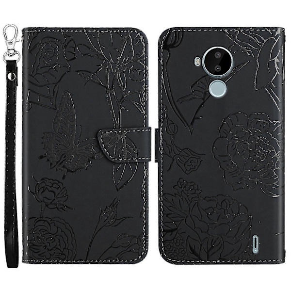 För Nokia C30 Fjäril Blommor Prägling Pu Läder Telefonskal, Fallsäker Mönster Prägling Design Plånboksfodral Med Praktisk Rem Black
