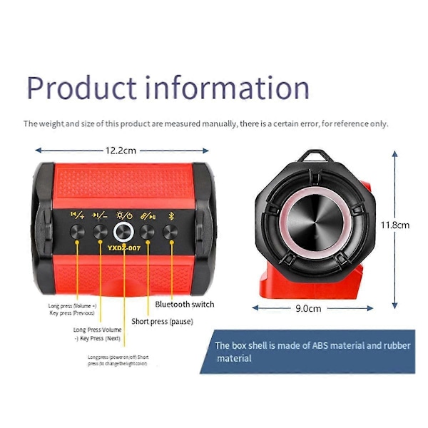 Bluetooth Högtalare Camping för 18V-20V Batteri (Batteri Ingår Ej)