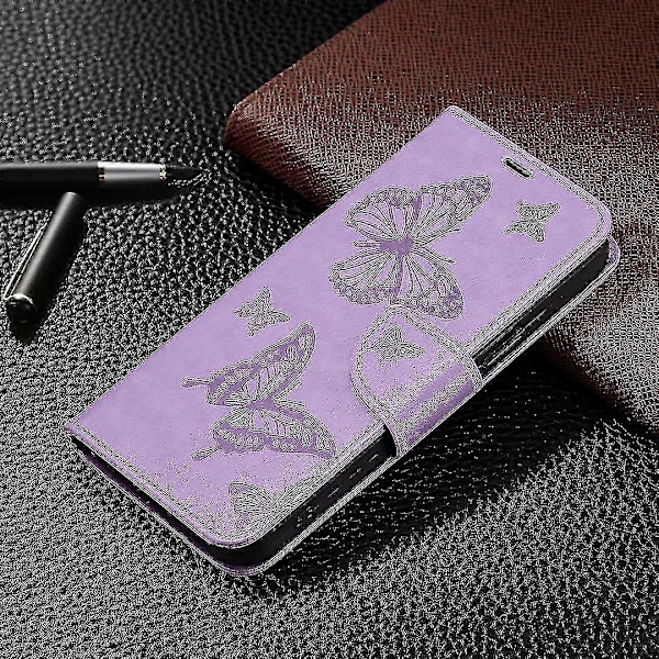 For Nokia G22 Sommerfugl Preget Lommebok Stativ Telefon Lærveske Deksel Med Stropp Purple