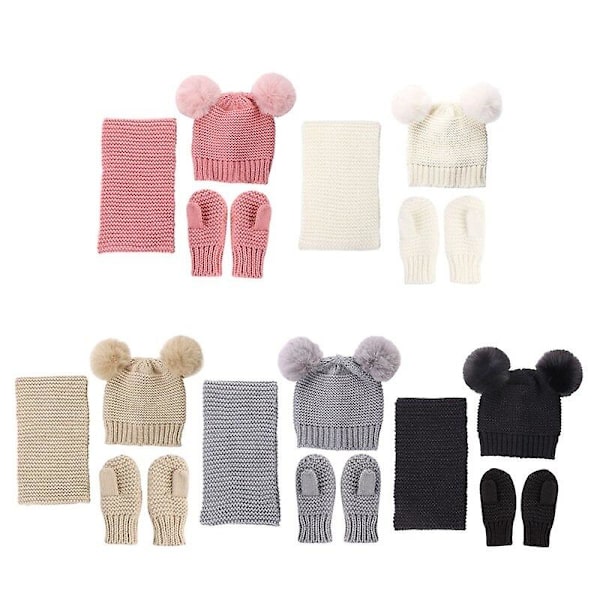 Barn Mössa Halsduk Vantar Set Pom Pom Varm Vinter Stickad Mössa Vantar Gray