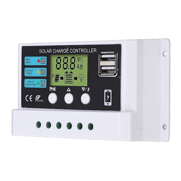 Solar Controller Industriel Chip LCD Display Overbelastningsbeskyttelse Solar Regulator 12V 24V Selvtillpassende Hvid 20A