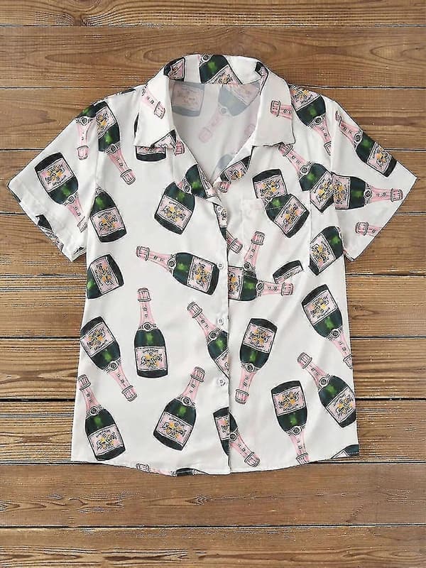 Champagne Flaskor Knapp Pyjamas Set Kvinnor Tryckt Kortärmad 2 Delar Mjuk Lös Casual Nattkläder M