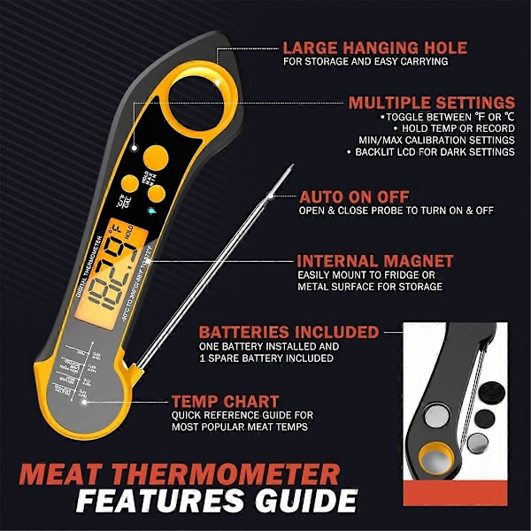 Digital Kötttermometer, Snabbavläst Mattermometer för Grill, Vätskor, Nötkött, Kalkon och Matlagning