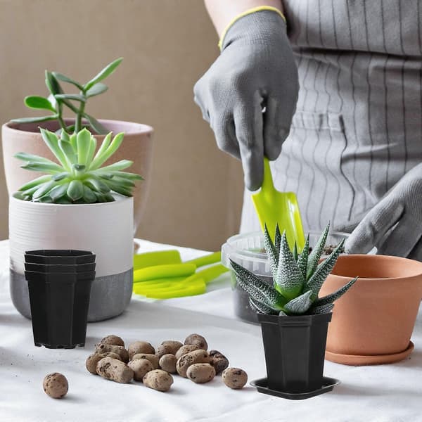 10 sett dyrkingspotter i plast med fat, blomsterpotter for sukkulenter
