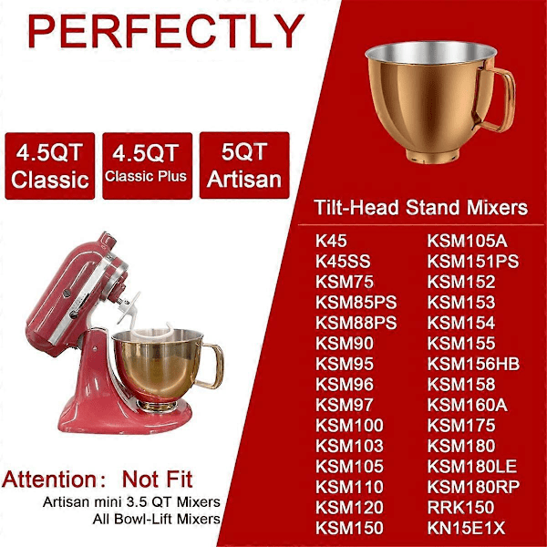 5 QT Ruostumattomasta teräksestä valmistettu sekoituskulho Artisan&Classic 4.5-5QT Tilt-Mixereille K45 KSM70 KSM150 Kupari Kulta
