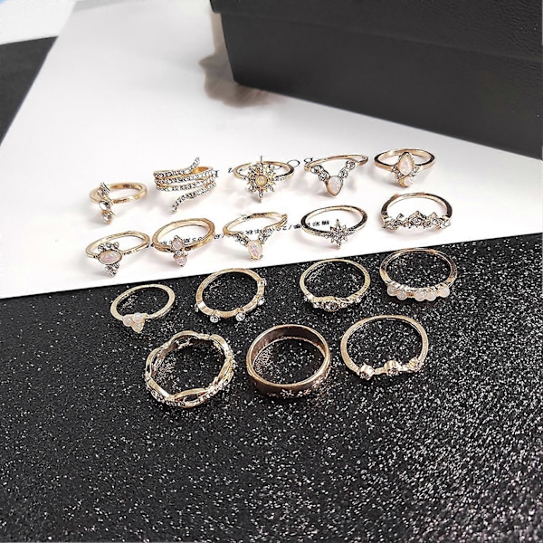 17 st Unika Graverade Stapelbara Knogringar Legering Boho Etnisk Stil Faux Ädelsten Fingerringar Smyckestillbehör