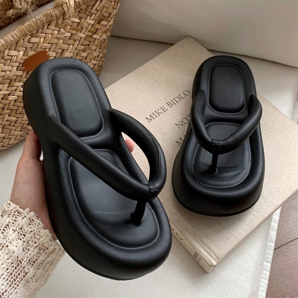 EVA Tjocksulade Yttertofflor för Dam med Fiskbensmönster Höga Halkskyddssandaler Strandskor Sommarmode Mjuka Clip-on Flip-flops black 38-39(foot23.5-24cm)