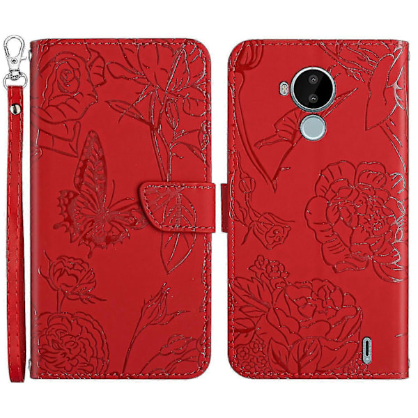 För Nokia C30 Fjäril Blommor Prägling Pu Läder Telefonskal, Fallsäker Mönster Prägling Design Plånboksfodral Med Praktisk Rem Red