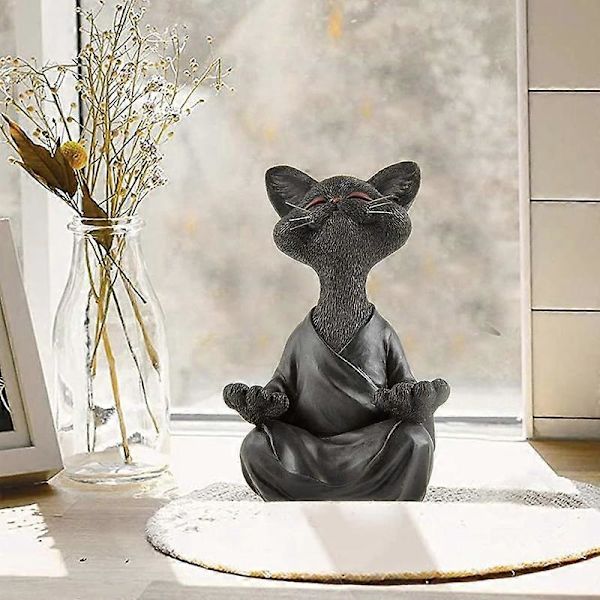 Lunefull Grå Buddha-kattstatue Meditasjon Yoga Samleobjekter