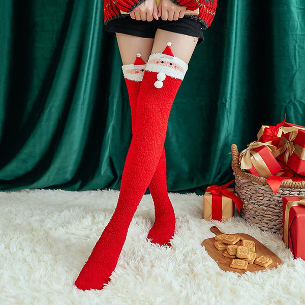 Julfleece Lår Höga Luddiga strumpor Vinter Tecknad Santa Älg Snowman Xmas Over The Knä Strumpor för kvinnor Santa Claus