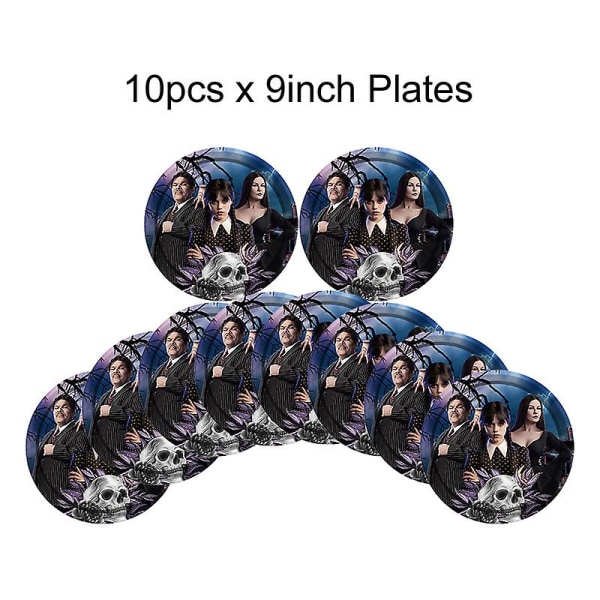 Filmen Onsdag Addams Födelsedagsfest Dekoration Banner Ballong Bordsservis Festliga evenemang Tillbehör Heminredning Koppar Bakgrund 10pcs 9inch plates