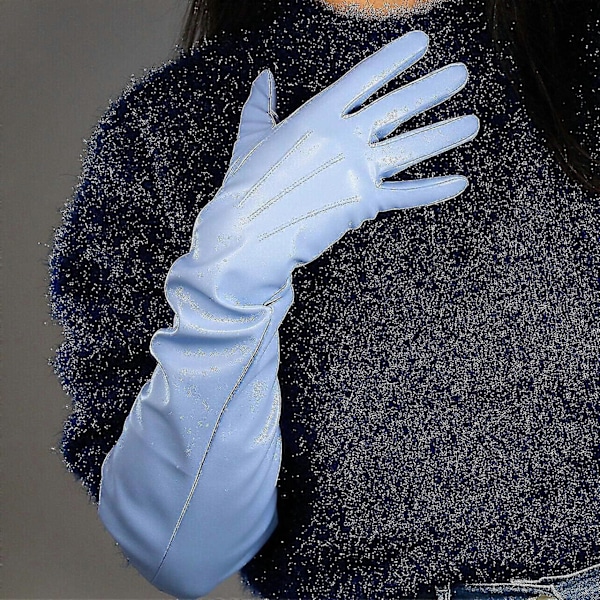 Dam Vinterhandskar Faux Läder Fårskinn Lång Ljusblå Stora Ärmar Aftonklänning Handskar 50cm Wide Sleeves