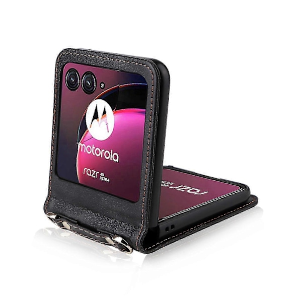 För Motorola Razr 40 Ultra 5G Hårt PC + PU Läderfodral Design i ett stycke Kortplatser Telefonfodral med Snodd s202412121171 Black