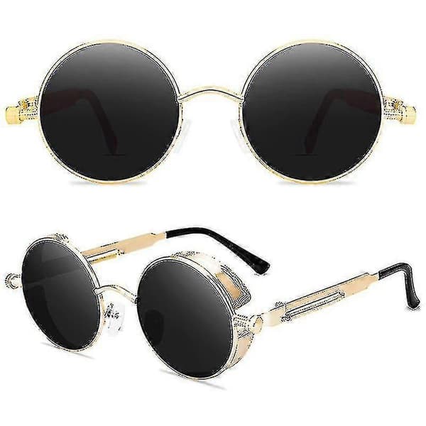 Vintage Polariserte Steampunk Solbriller Herre Runde Gold Frame Grey Lenses