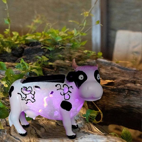 Ko Solcellehavelampe Udendørs Farveskiftende Solcellelampe Udhulet LED Ko Figur Lampe til Gårdhave Gangsti Dekoration