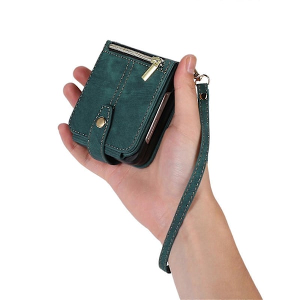 Nahkakotelo Yhteensopiva Samsung Galaxy Z Flip 4:n kanssa, jossa korttipaikka ja crossbody-kaulanauha, puhelinlaukku ja puhelinlompakko Green