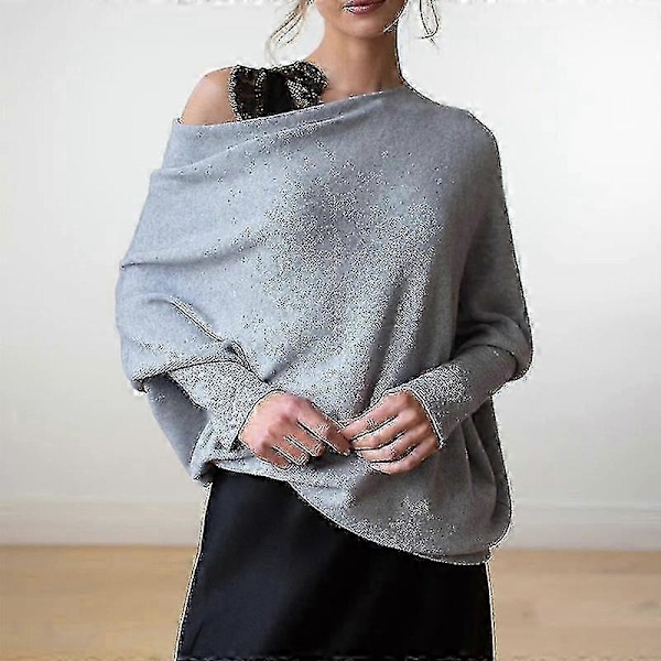 Asymmetrisk drapert genser, en genser så myk som skyene, dame langermet slouch batwing ensfarget myk strikket genser grey