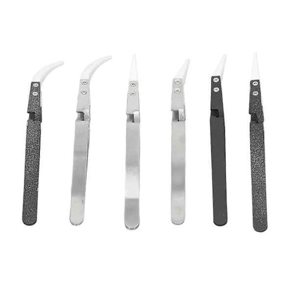 6 stk. Anti-magnetisk loddetang, spiss, buet, rustfritt stål, keramisk, varmebestandig tangsett for