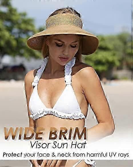 Dame Solhat Bred Skygge Strå Rul Sammen Foldbar Hestehale Sommer Strandhat UV UPF Foldbar Rejse