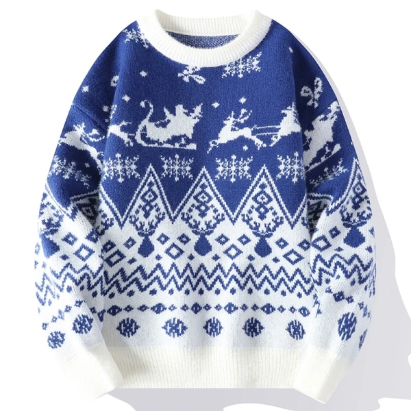 Par Crewneck Jul och nyår Stil Pullover Trend Tröja Färg Kontrast Jacquard Lös Casual Stickat Streetwear Blue Asia 4XL 81-85kg