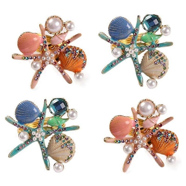 6 stk. Servietringe med Søstjerner, Perle Rhinestone Ocean Coastal Nautiske Servietringholdere Servietspænde til, Pink