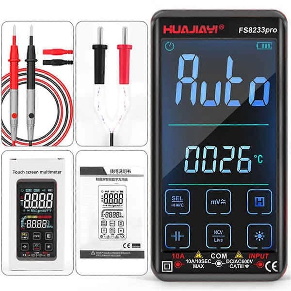 FS8233PRO Pekskärm Smart Digital Multimeter DC/AC 10A Multimetro Transistor 9999 Räknar True Rmsauto Range Svart