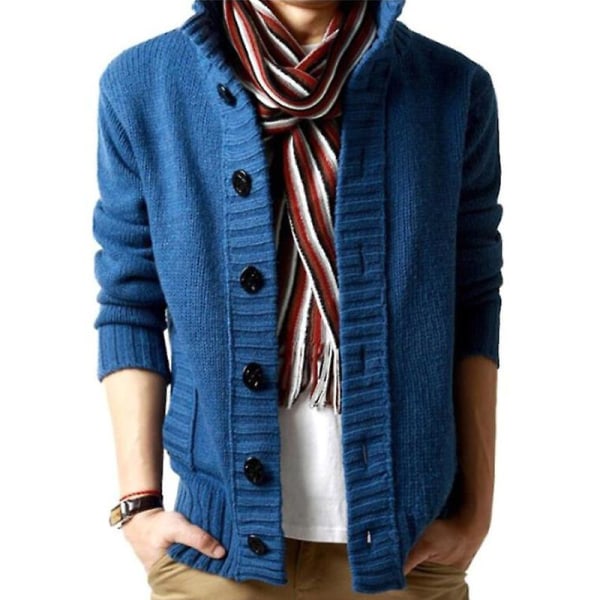 Enfärgad Button Up Cardigan Jumper Kappor Stativ Hals Stickad tröja Jackor Stickade Toppar Denim Blue 2XL