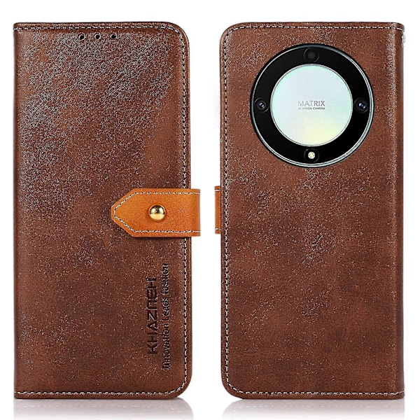 Khazneh Fodral för Honor Magic 5 Lite 5g /x9a 5g / X40 5g Guldknapp PU Läder Kohud Textur Telefonställ Plånboksfodral Brown