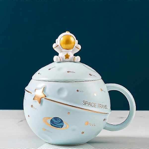 Astronaut Kopp Rymd Präglad Planet Mugg, Söt Keramisk Kaffemugg, Nyhet Mugg med Lock och Sked för Kaffe, Te, Mjölk, Rumsdekor light blue