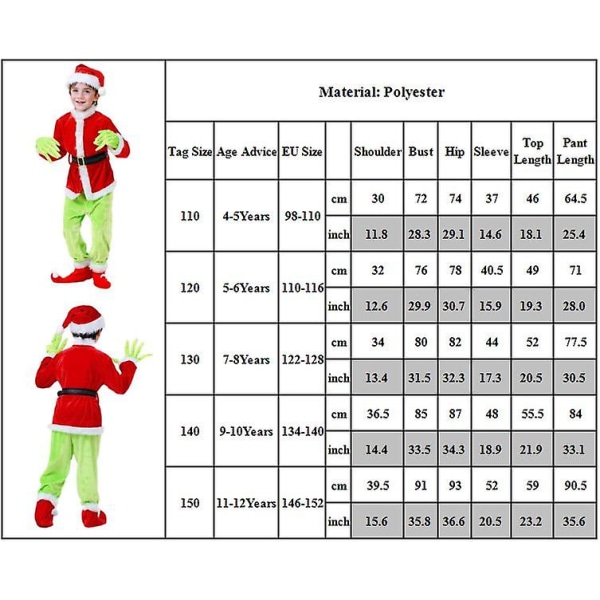 Christmas Kids Grinch Cosplay Kostym Tomte Fancy Dress Juldräkt 9-10Years