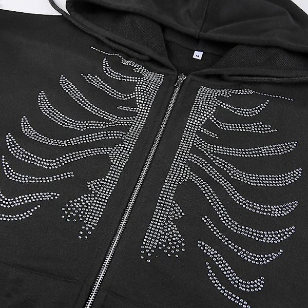 Dam Rhinestone Utskuren Hoodie Gotisk Dragkedja Streetwear M