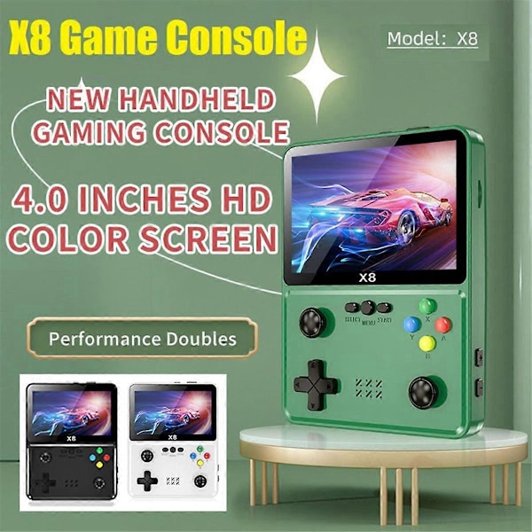 X8 Retro Spillekonsol 4 tommer IPS Skærm Håndholdt Spilleafspiller 10 Simulatorer Videospillekonsol til SFC Grøn