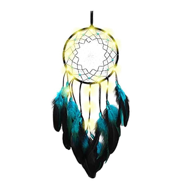 1 Sæt Drømmefanger Blåt Træ med Fjer med LED Lampe, Håndlavede Indiansk Traditionel Cirkulær Net til Vægophæng Deco