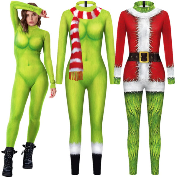 Santa Monster Julgrön Jumpsuit Bodysuit Cosplay Kostym Vuxen Unisex Dam Zentai Halloween Party Bodysuit style 1 M