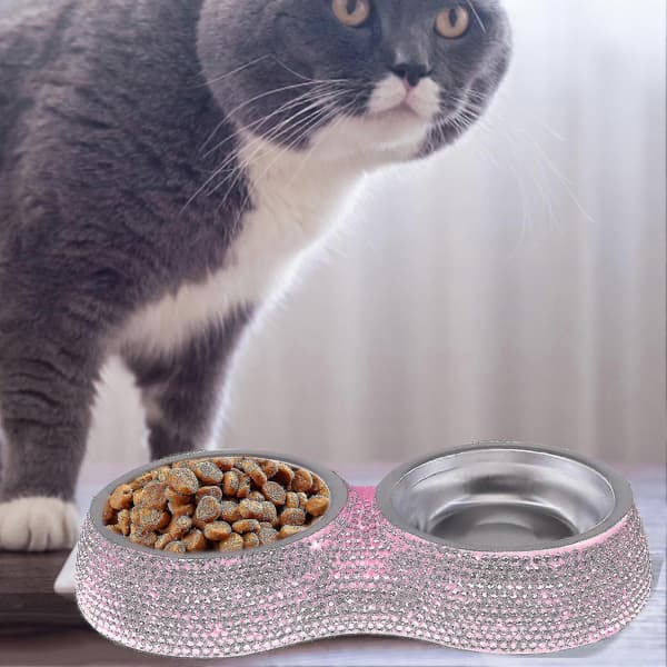 Rhinestone Hundeskåle Rustfrit Stål Dobbelt Foder Pet Til Hvalpe Pink