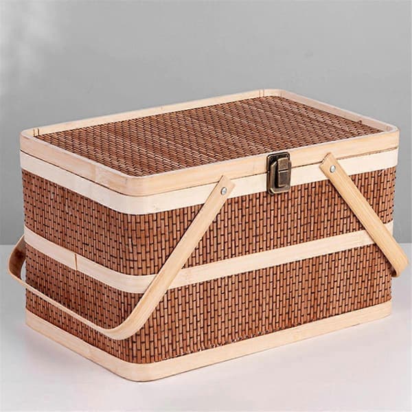 Vävda Korgar Bambu Bärbar Picknick Frukt Naturlig Hållare Lock Bröd Zongzi Organizer