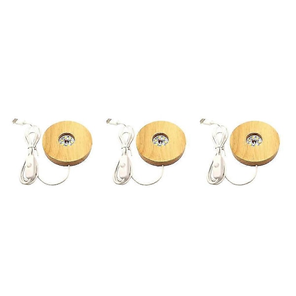 1/2/3 Rund LED-ljusbas i trä, Displayställ Lampa för Kristallkulor Warm Light 100mm 3PCS